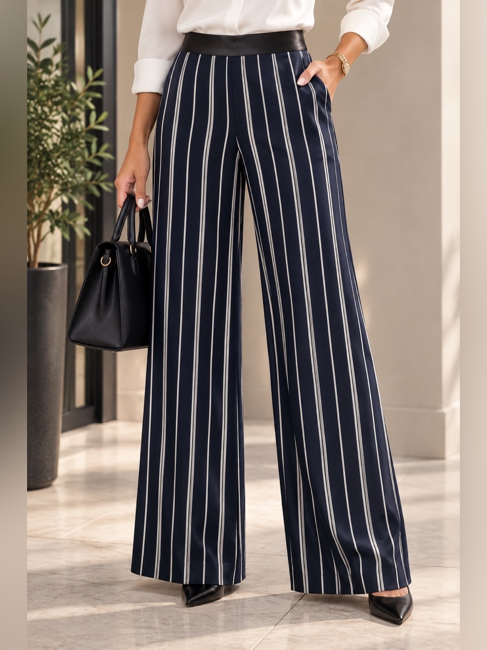 Re:named Women’s M Navy White Striped Wide Leg Palazzo Pants Satin Waist